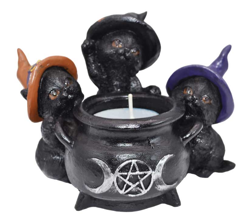 Witchy Cats around Cauldron tealight holder (image for) Witchy Cats around Cauldron tealight holder