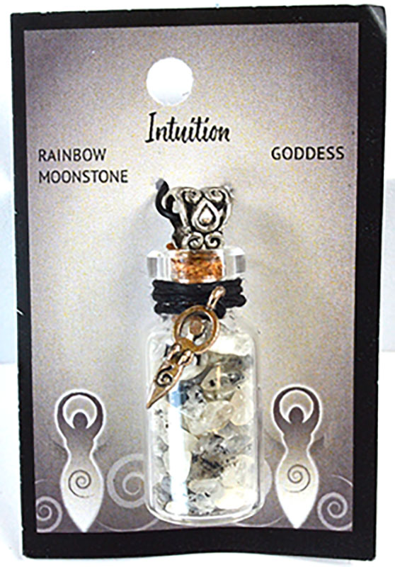 Rainbow Moonstone Chips in Bottle with Goddess necklace (image for) Rainbow Moonstone Chips in Bottle with Goddess necklace