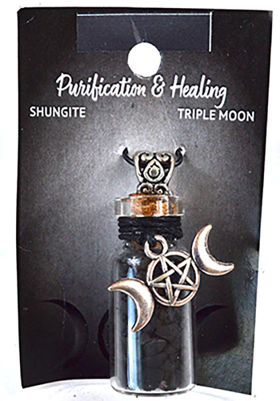 Shungite Chips in Bottle with Triple Moon necklace (image for) Shungite Chips in Bottle with Triple Moon necklace
