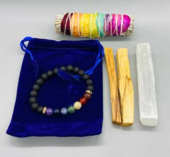 Balancing Kit (4" 7 chakra sage, palo santo stick, selenite & lava bracelet) (image for) Balancing Kit (4" 7 chakra sage, palo santo stick, selenite & lava bracelet)